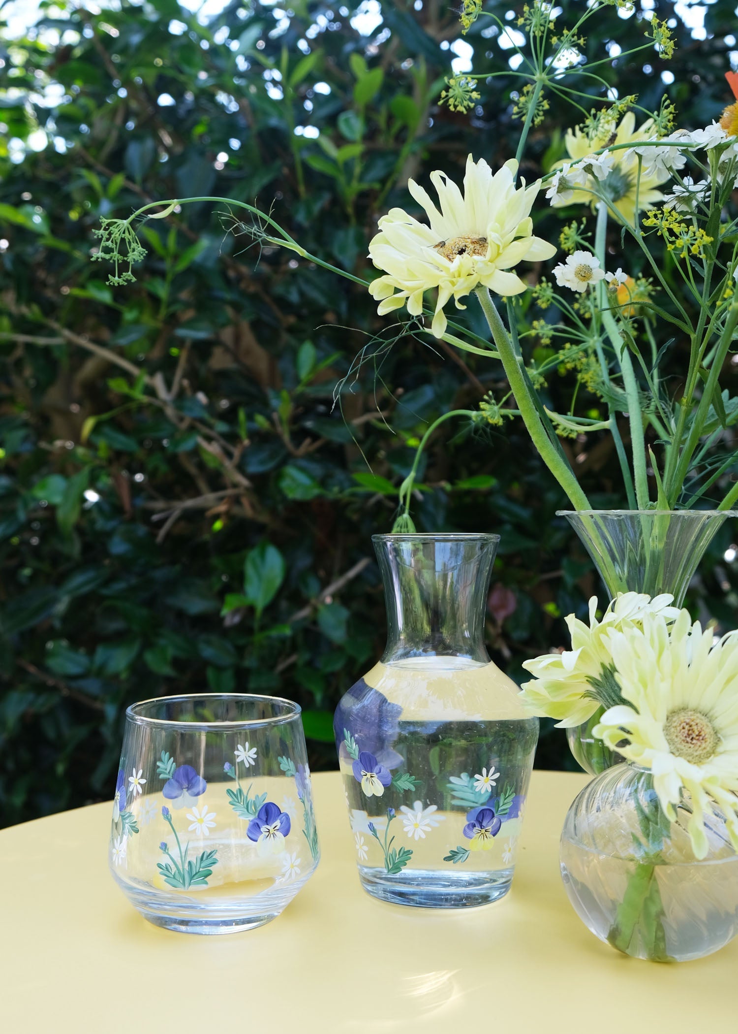 Hand Painted Pansy Carafe and Glass Set