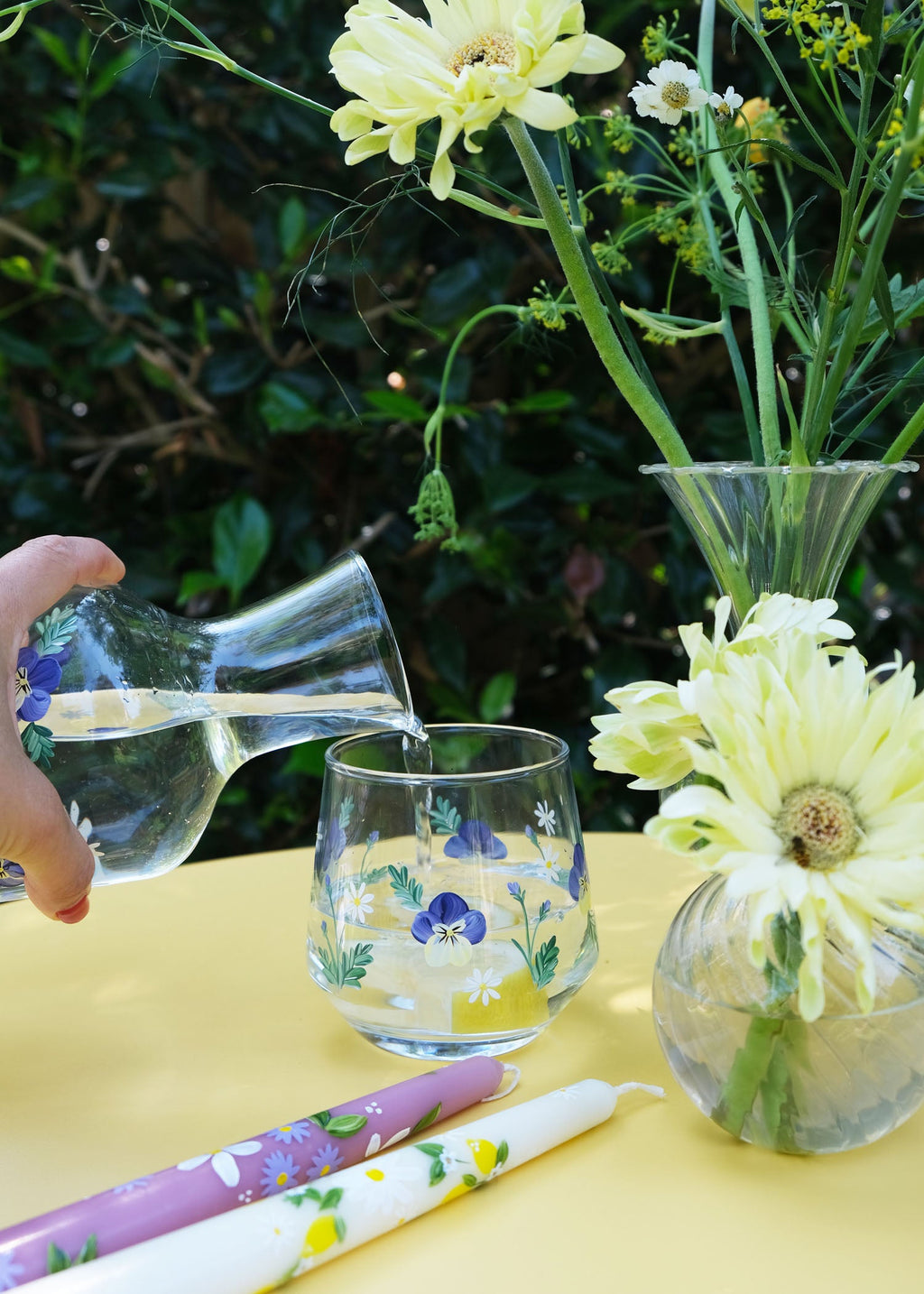 Hand Painted Pansy Carafe and Glass Set