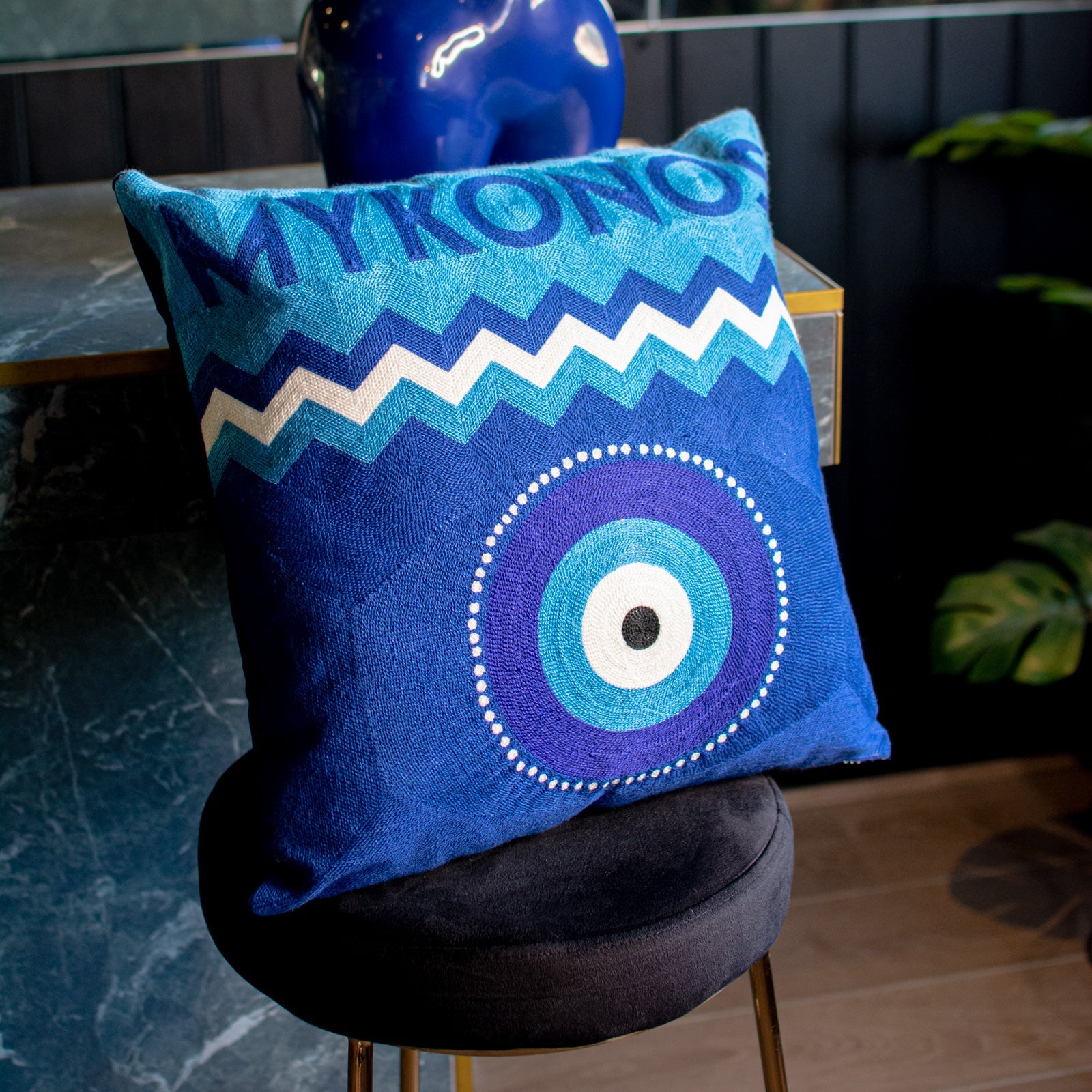 Mykonos Needlepoint Cushion in Navy Velvet