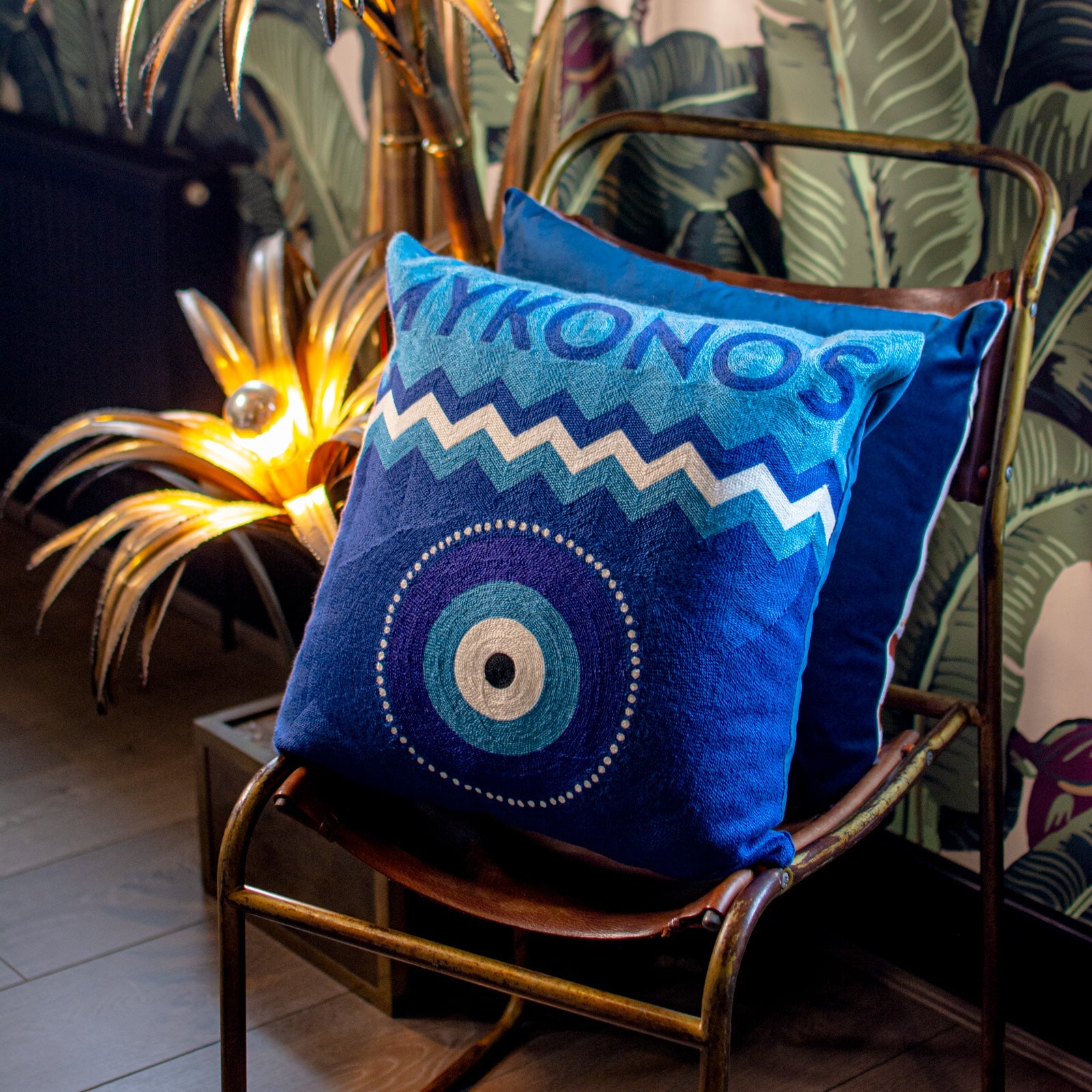 Mykonos Needlepoint Cushion in Navy Velvet
