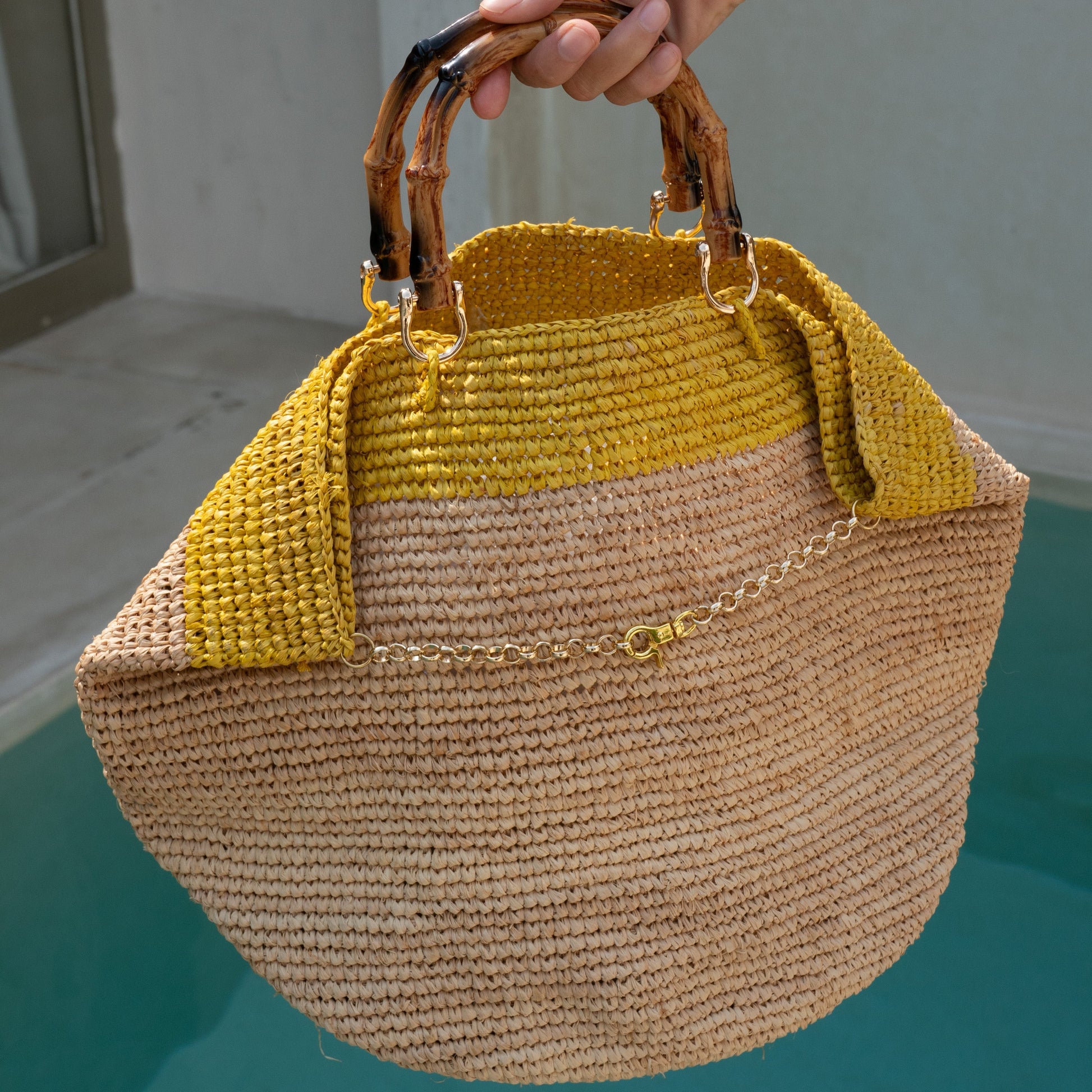 Handwoven Raffia Bag with Bamboo Handles
