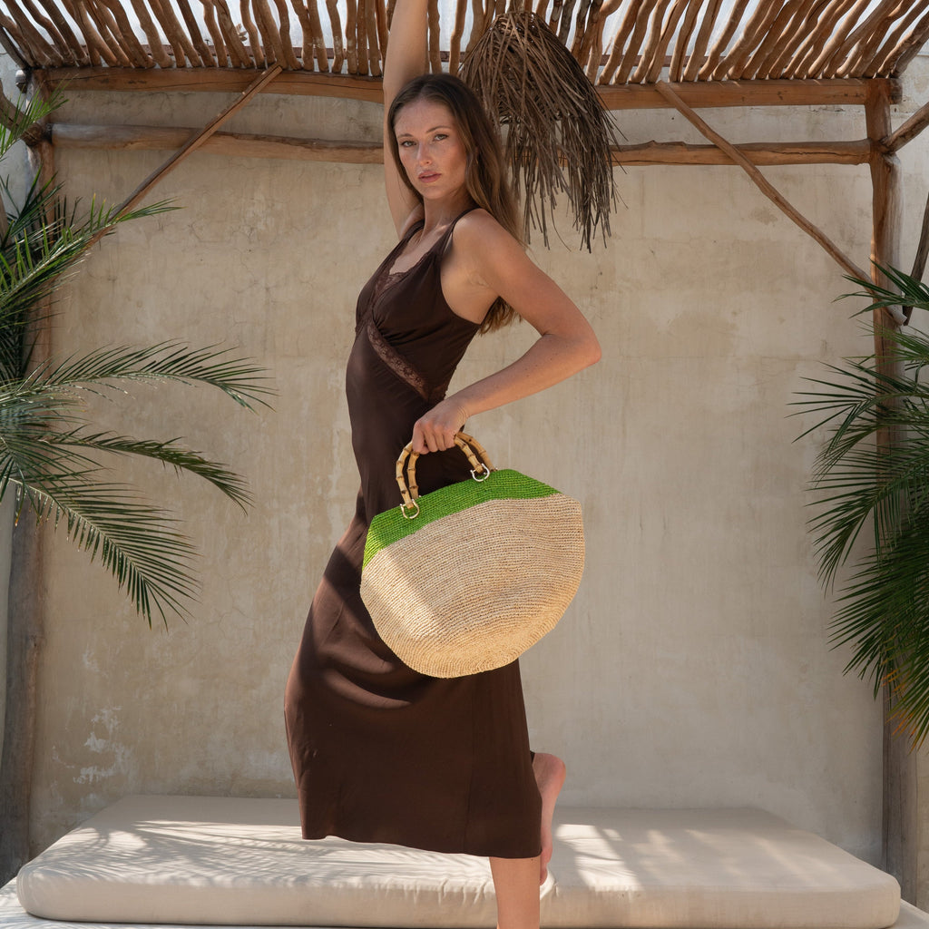 Handwoven Raffia Bag with Bamboo Handles