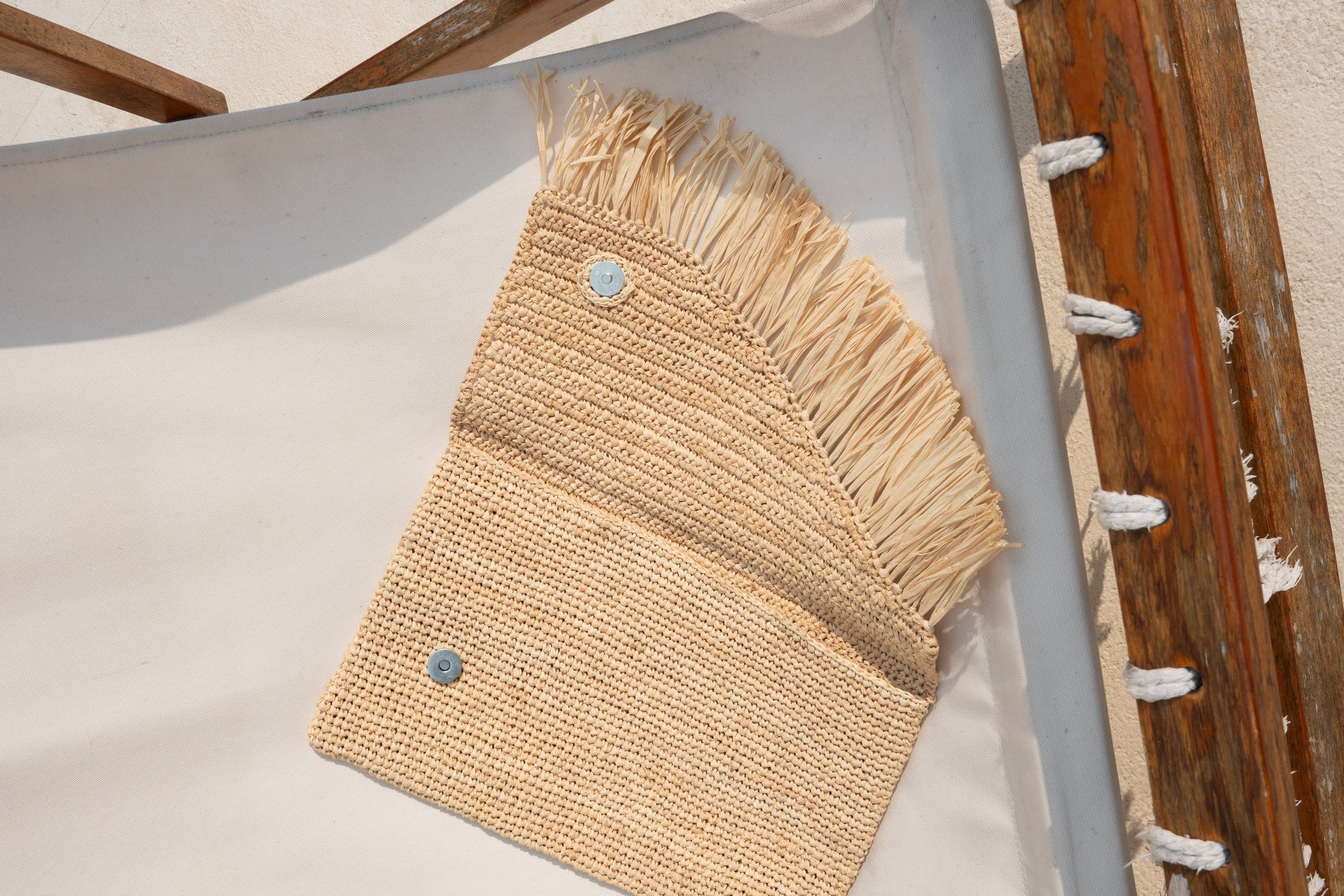 Beige Raffia Pouch with Fringe