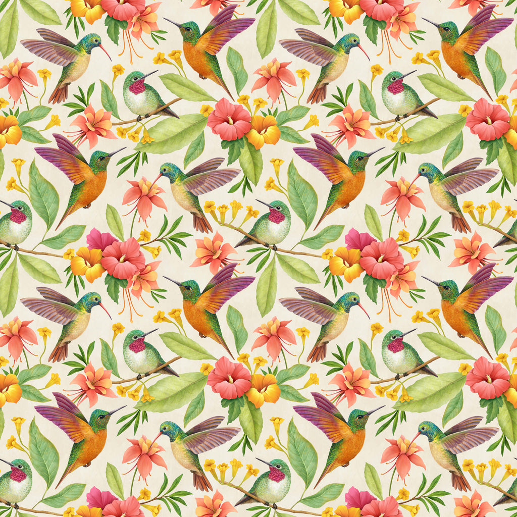 Daphne Hummingbird and Floral Wallpaper