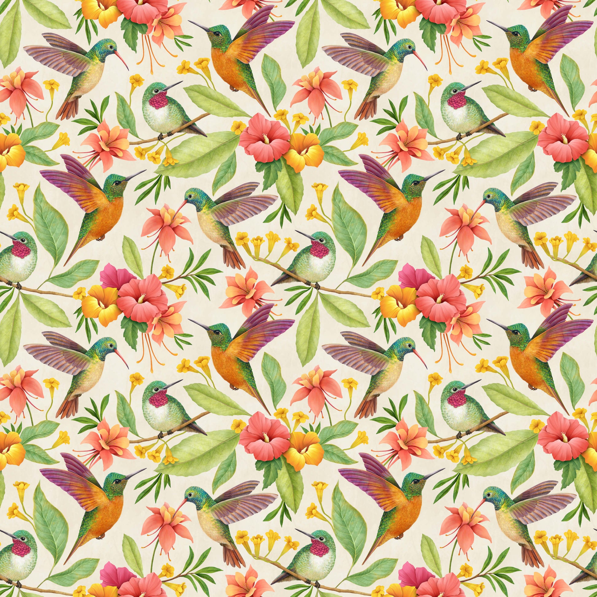 Daphne Hummingbird and Floral Wallpaper
