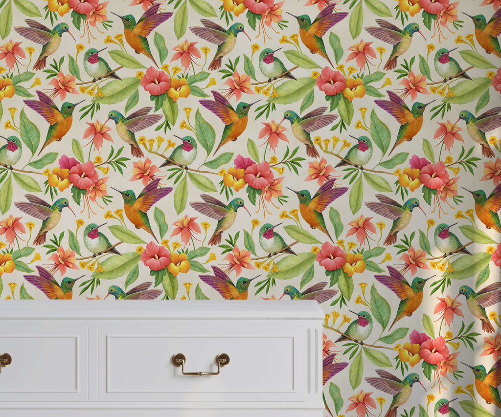 Daphne Hummingbird and Floral Wallpaper
