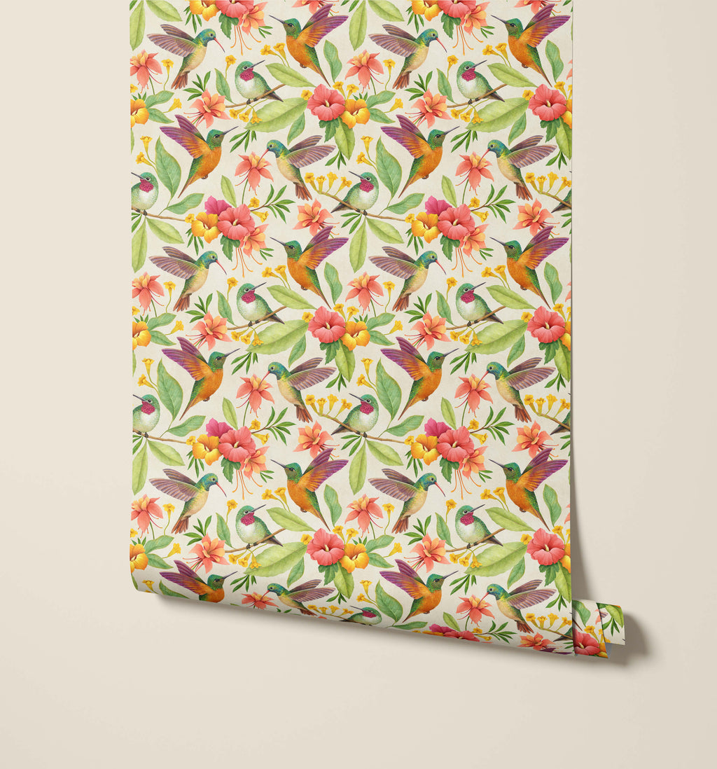 Daphne Hummingbird and Floral Wallpaper