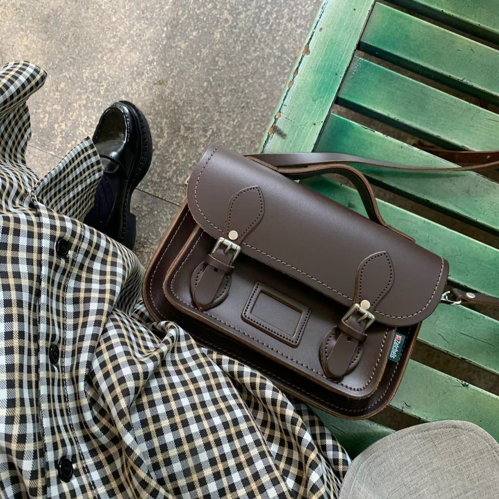 Leather Midi Satchel in Dark Brown