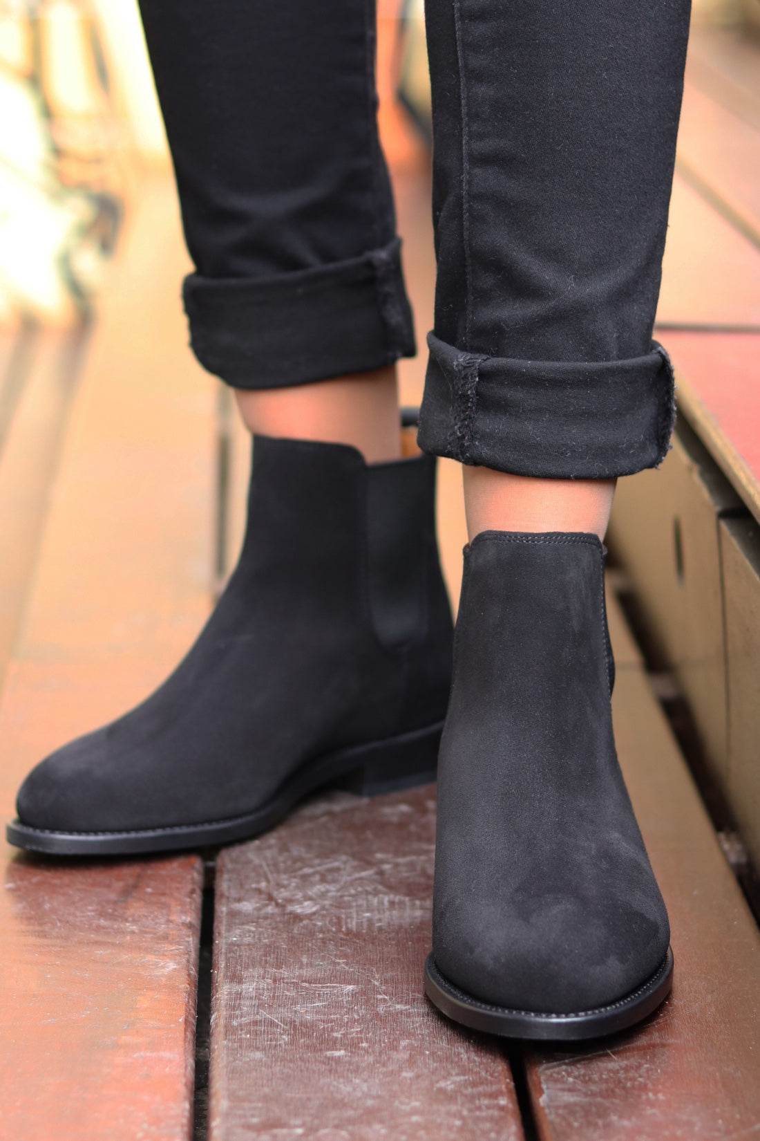 Women's Black Suede Chelsea Boots with Leather Sole