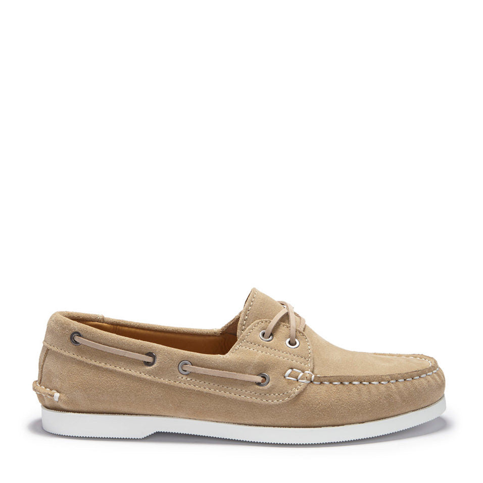 Taupe Suede Deck Shoes with White Stitching