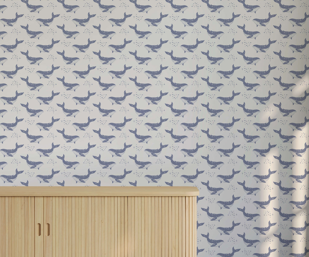 Whale Wallpaper in Soft Blue