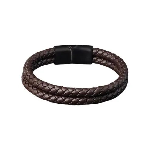 Double Brown Leather Bracelet with Stainless Steel Clasp