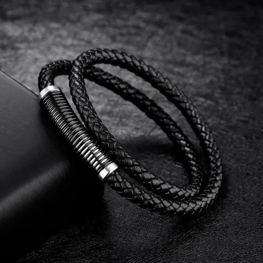 Double Coil Genuine Leather Bracelet in Black