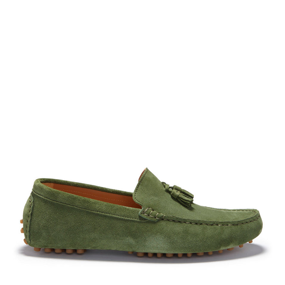 Safari Green Suede Tasselled Driving Loafers