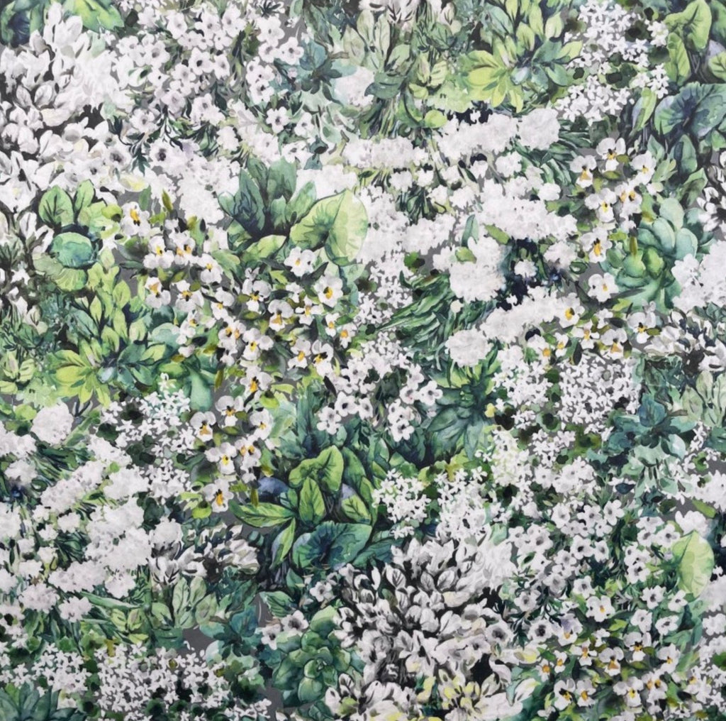 White flowers velvet french drum lampshade, with black fringe and braid