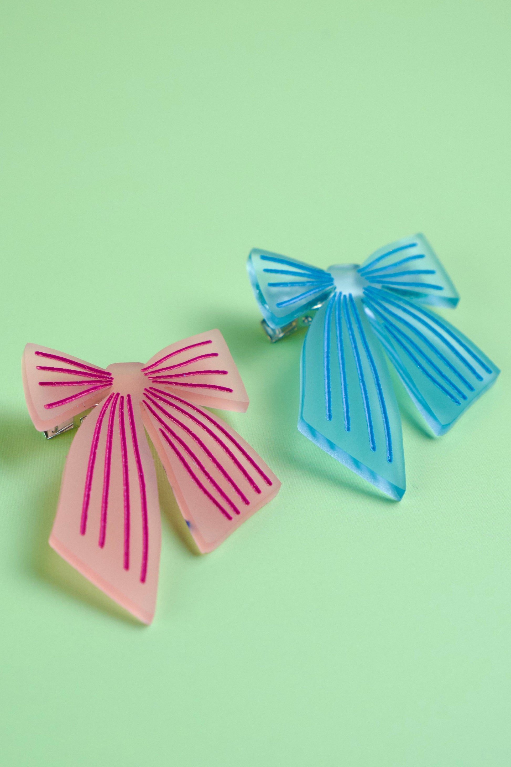 Pink and Blue Striped Bow Hair Clips Set of 2