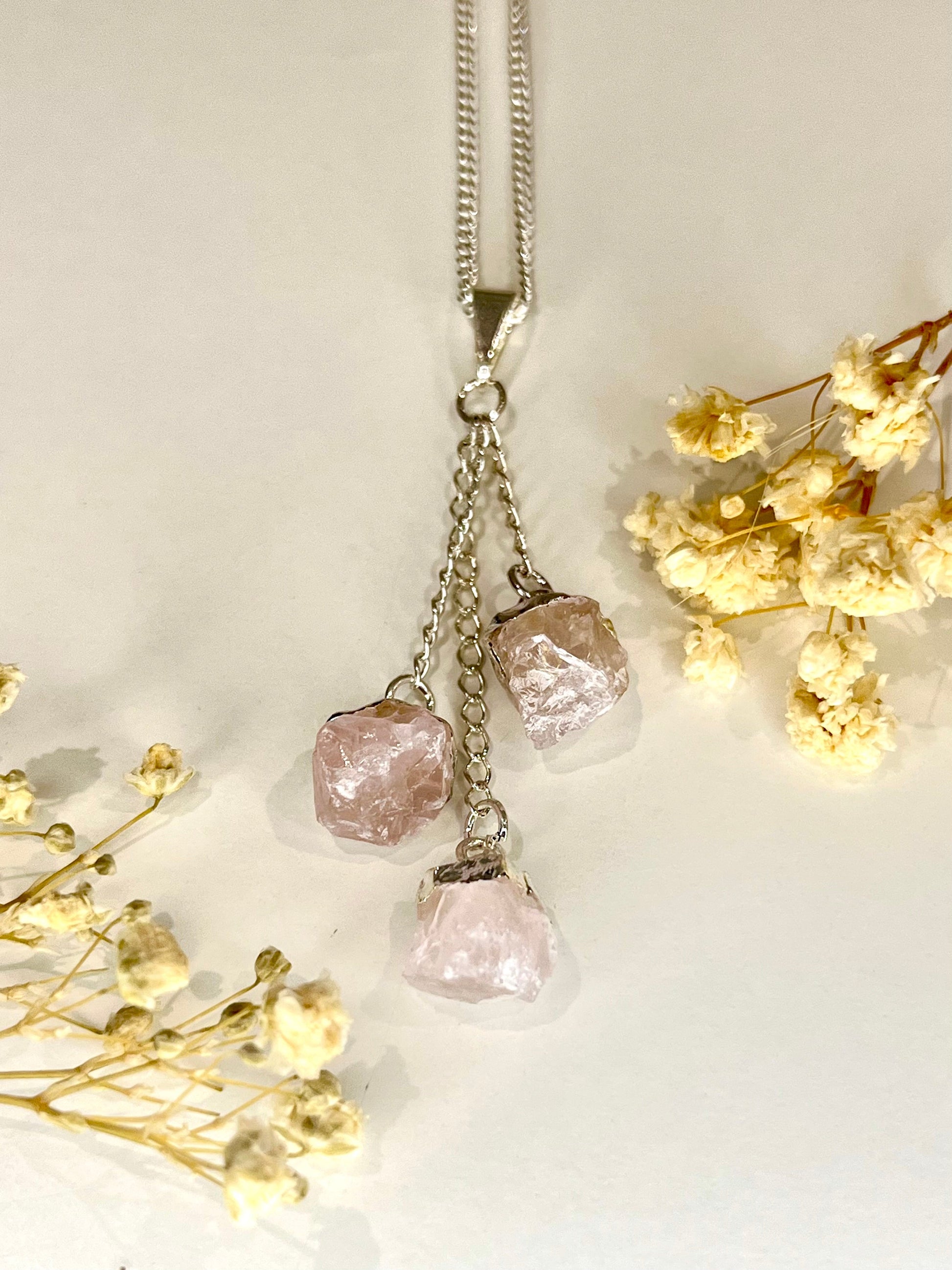 Triple Rose Quartz Pendant Necklace with Silver Plated Chain