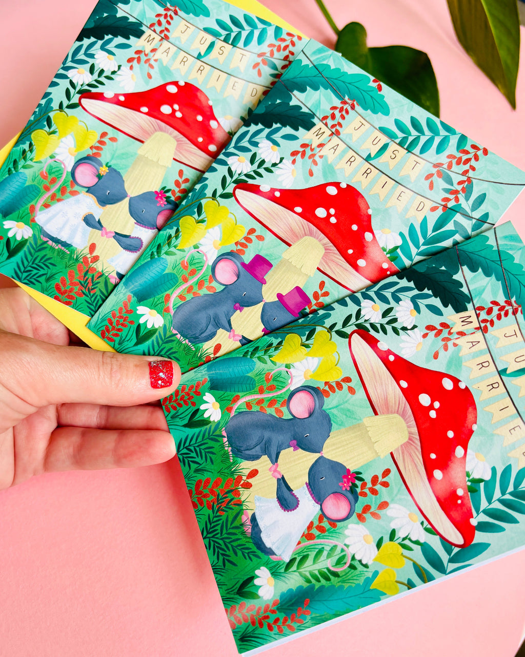 Cute Forest Wedding Card with Woodland Mice and Mushroom