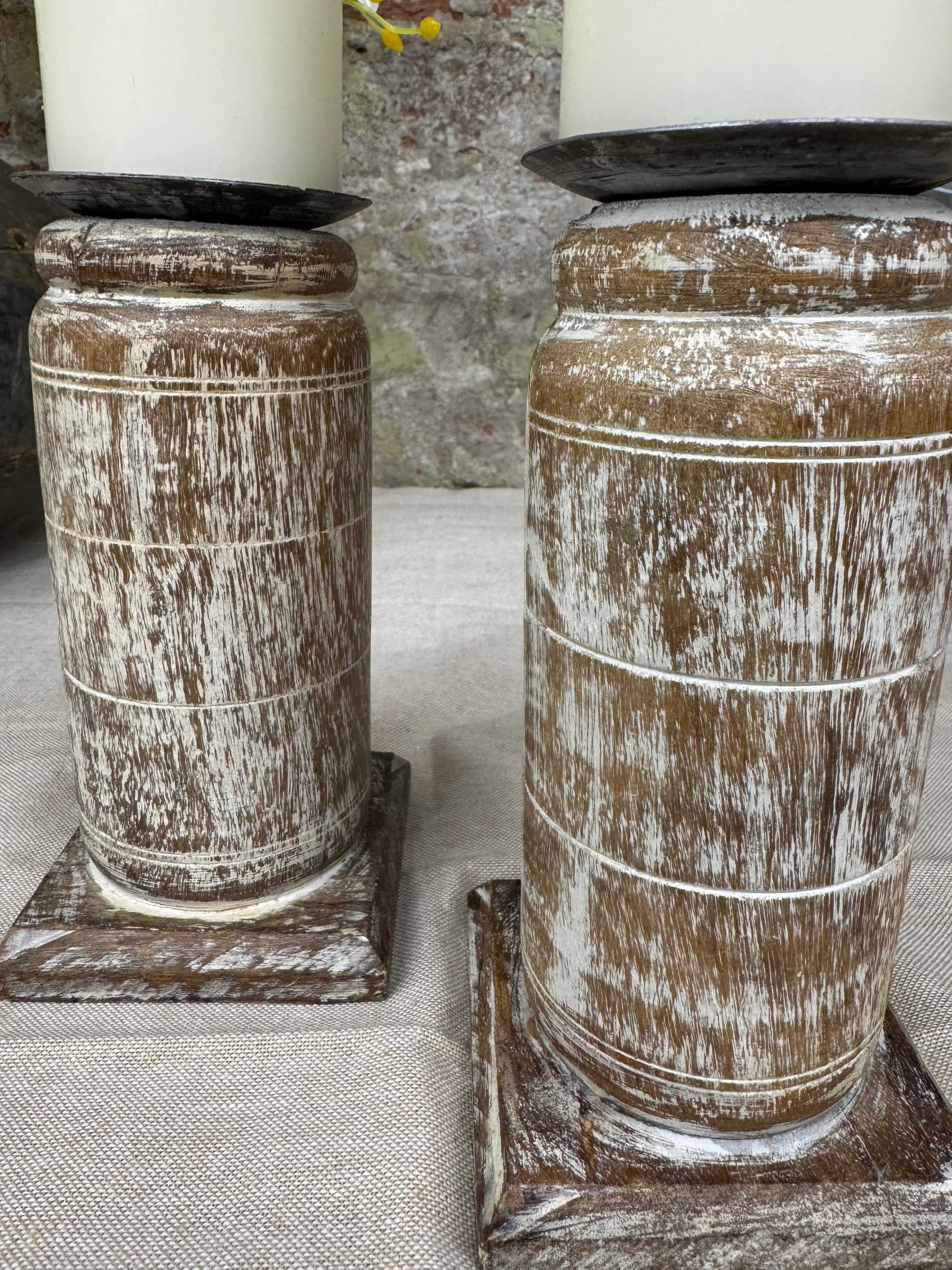 Pair of Rustic Wooden Candle Holders Large Church Candlesticks