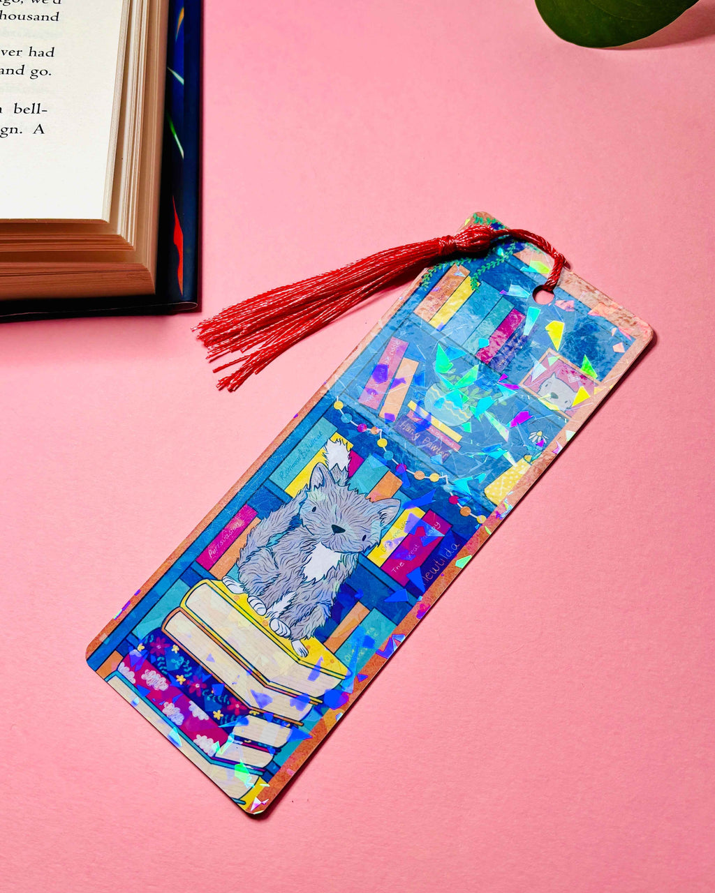 Handmade Holographic Cat Bookmark with Blue Tassel