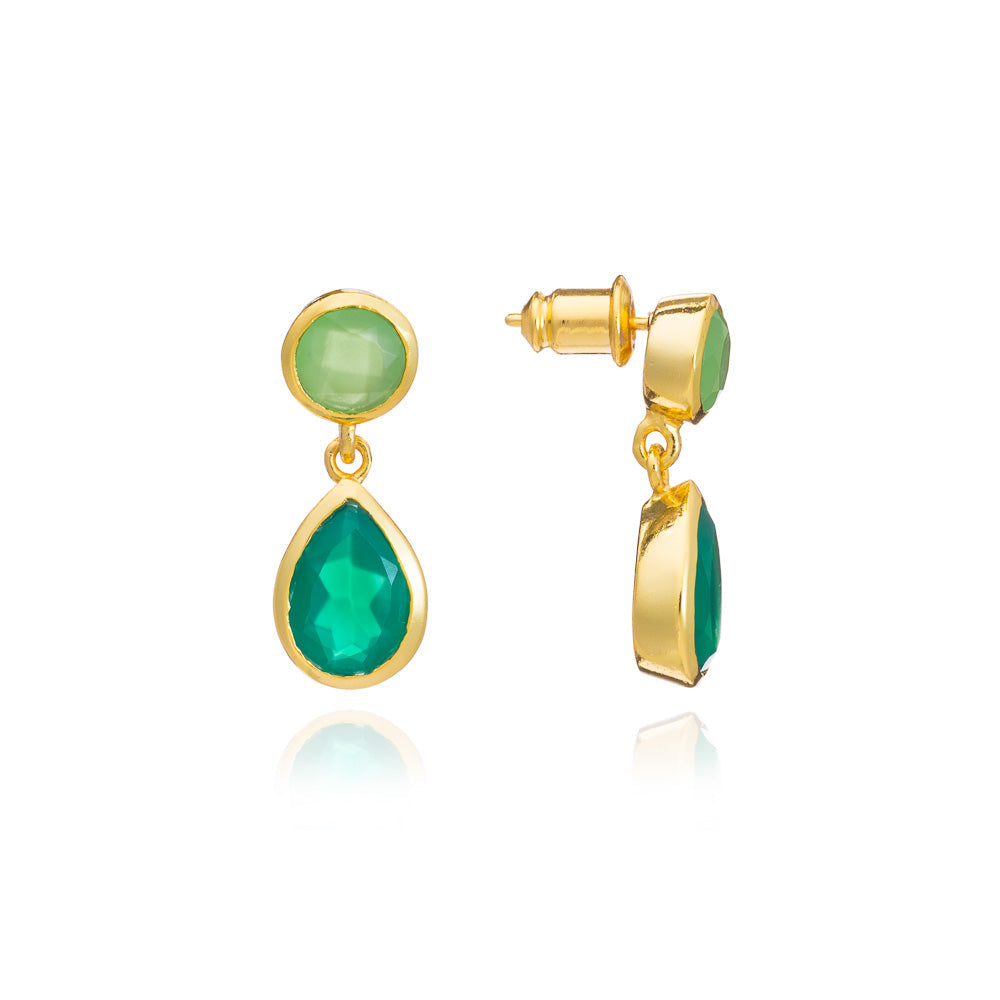 Gold Double Gemstone Drop Earrings with Green Onyx and Prenite