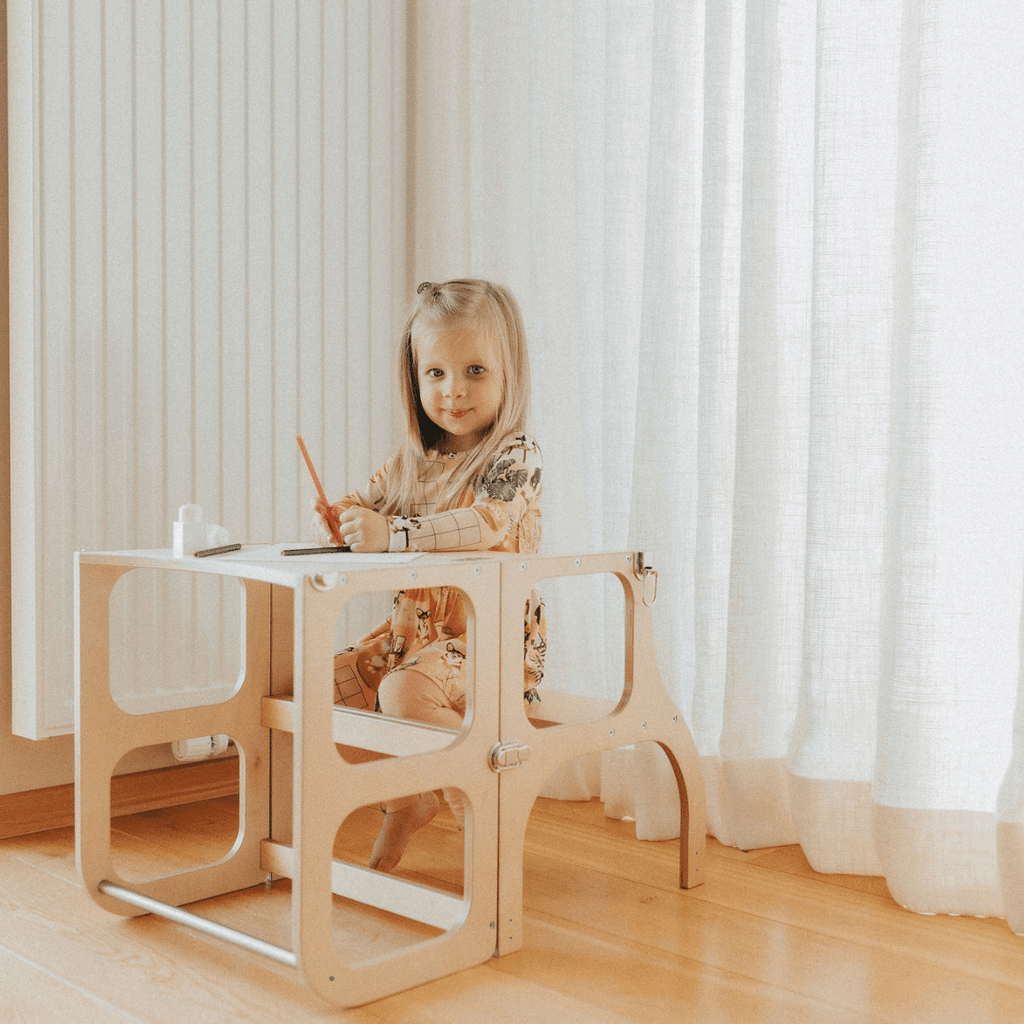 STEP'n'SIT® Convertible 2-in-1 Helper Tower/Table With Support Legs - Natural wood