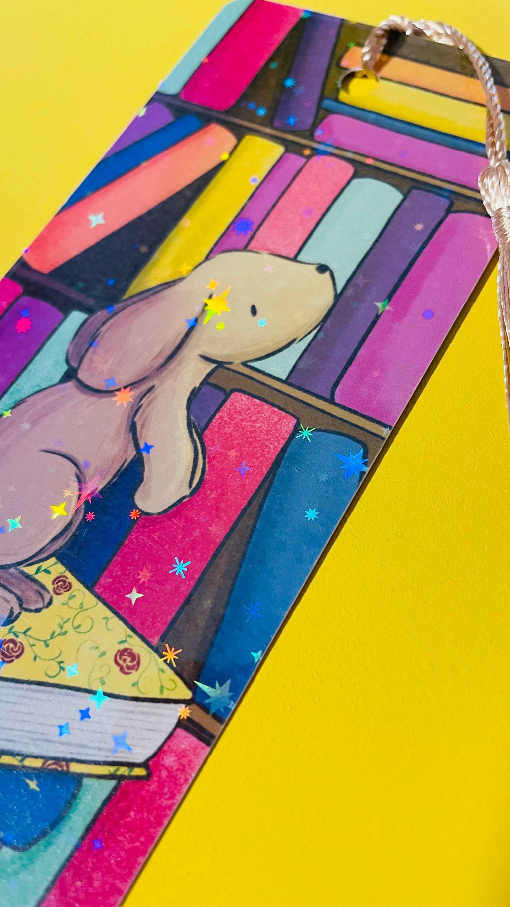 Rainbow Holographic Bookmark with Bunny Illustration