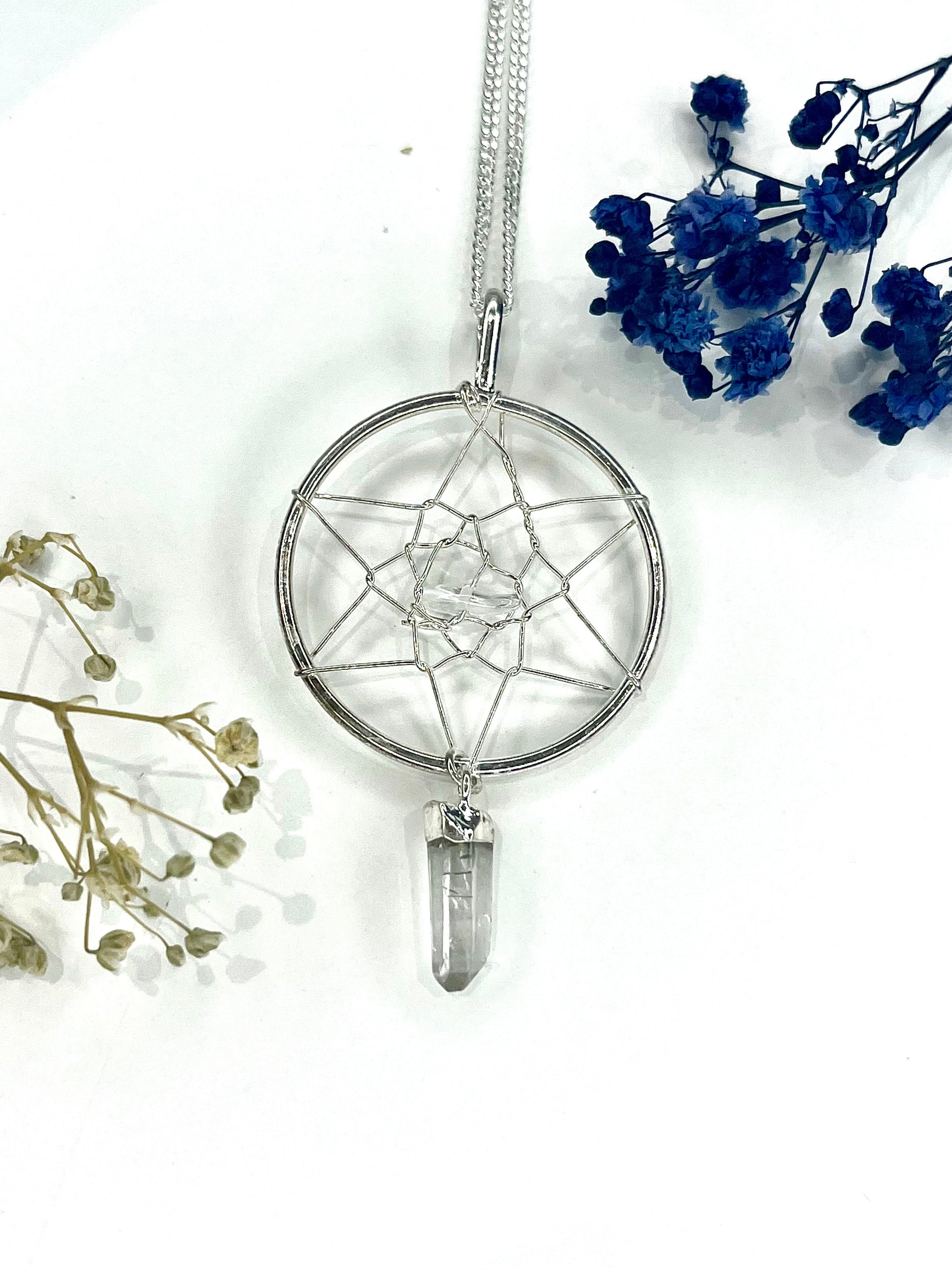 Quartz Dreamcatcher Pendant Necklace with Silver Plated Chain