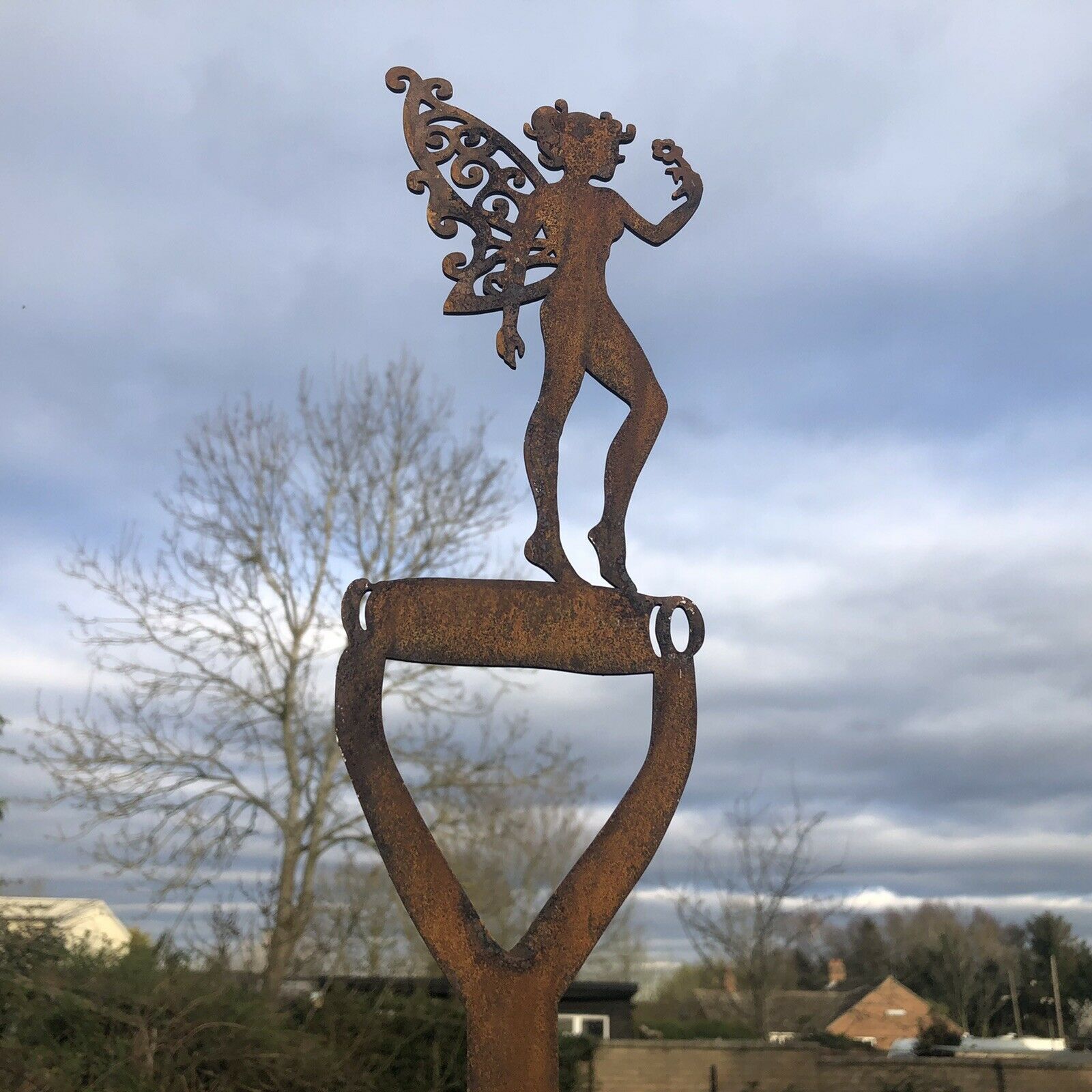 Rusty Metal Fairy on a Spade Garden Decoration