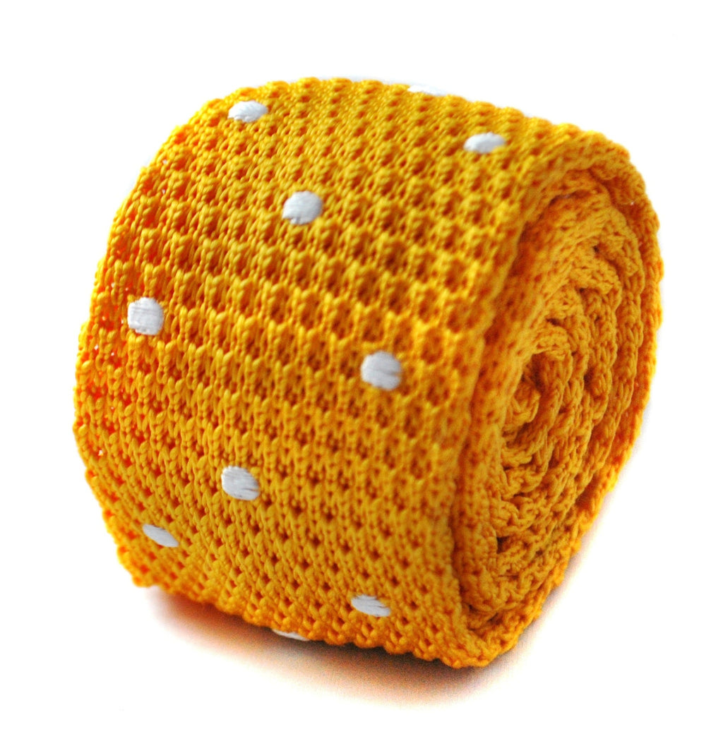 Knitted Yellow Gold Tie with White Polka Dots