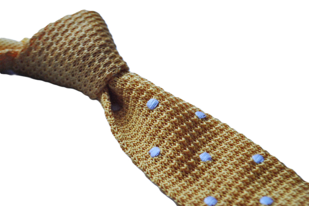 Knitted Yellow Gold Tie with White Polka Dots