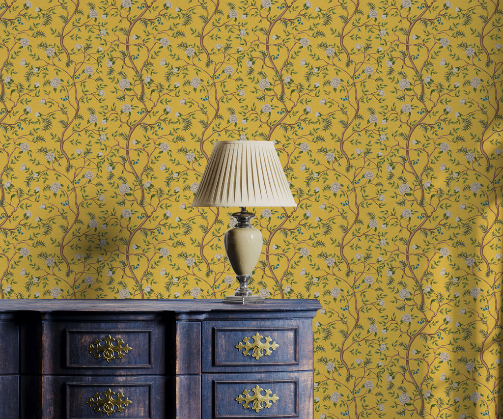 Asian Tree Wallpaper with Blue Birds