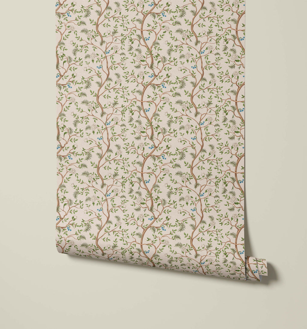 Asian Tree Wallpaper with Blue Birds