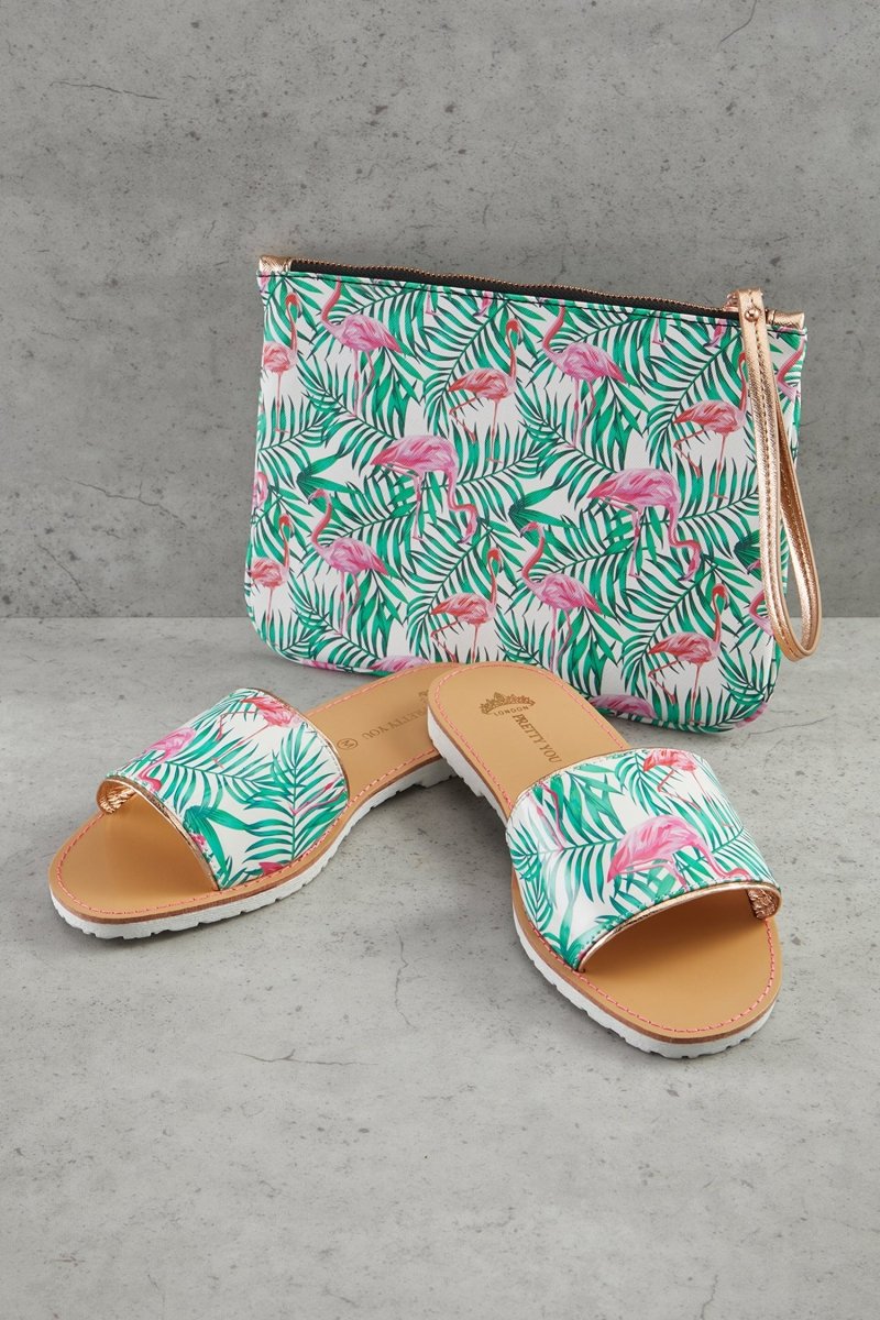 Flamingo Printed Slide and Clutch Set
