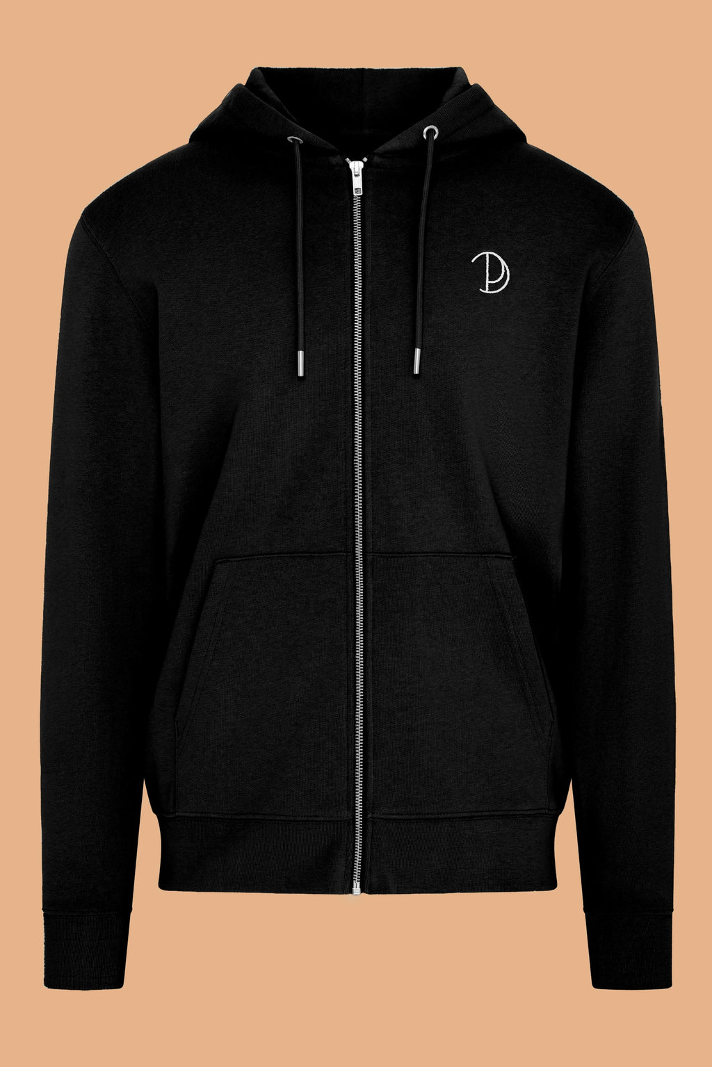 Embroidered P Zip Up Hoodie in Black