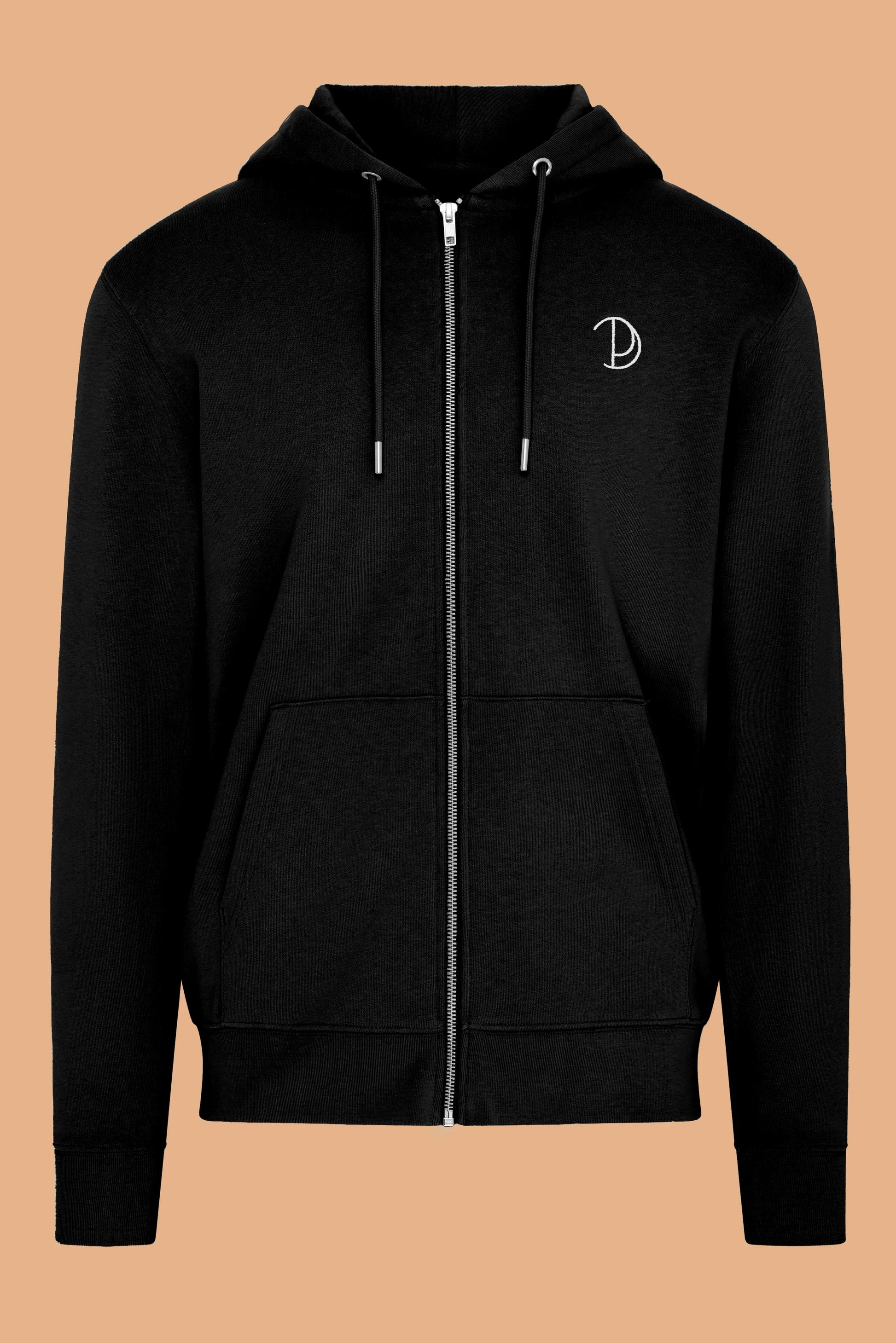 Embroidered P Zip Up Hoodie in Black