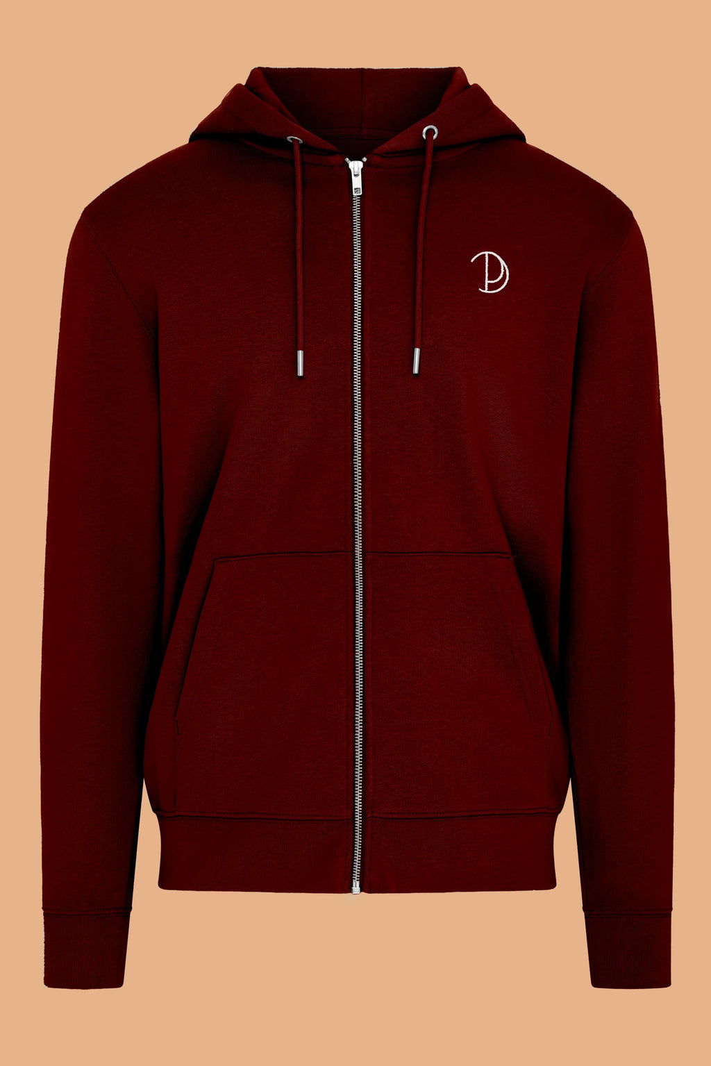 Embroidered P Zip Up Hoodie in Burgundy