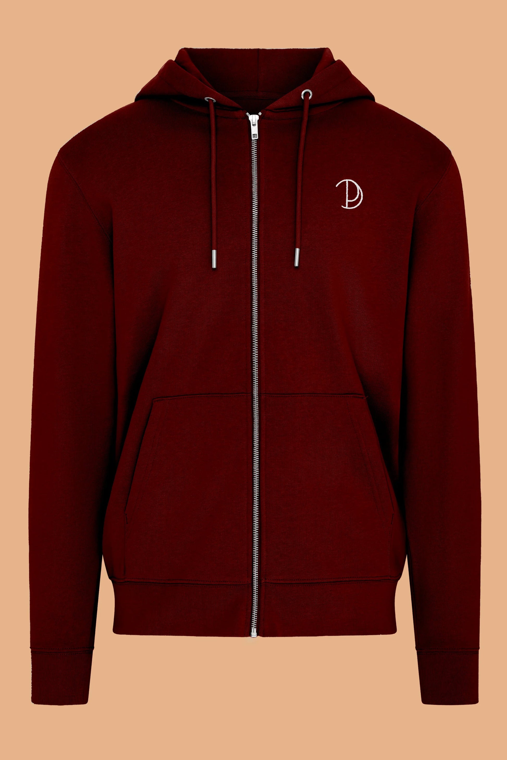 Embroidered P Zip Up Hoodie in Burgundy