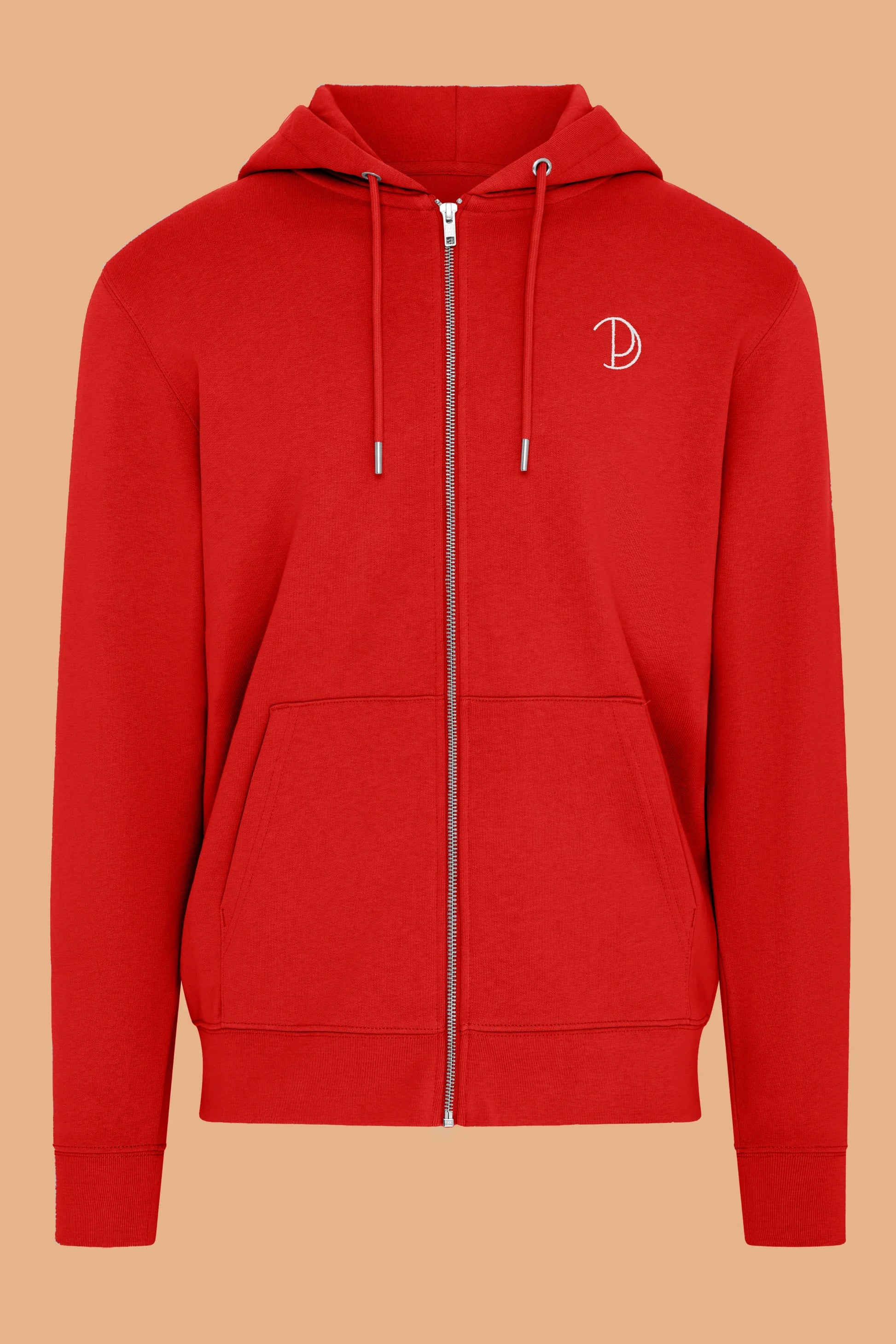 Embroidered P Zip Up Hoodie in Red