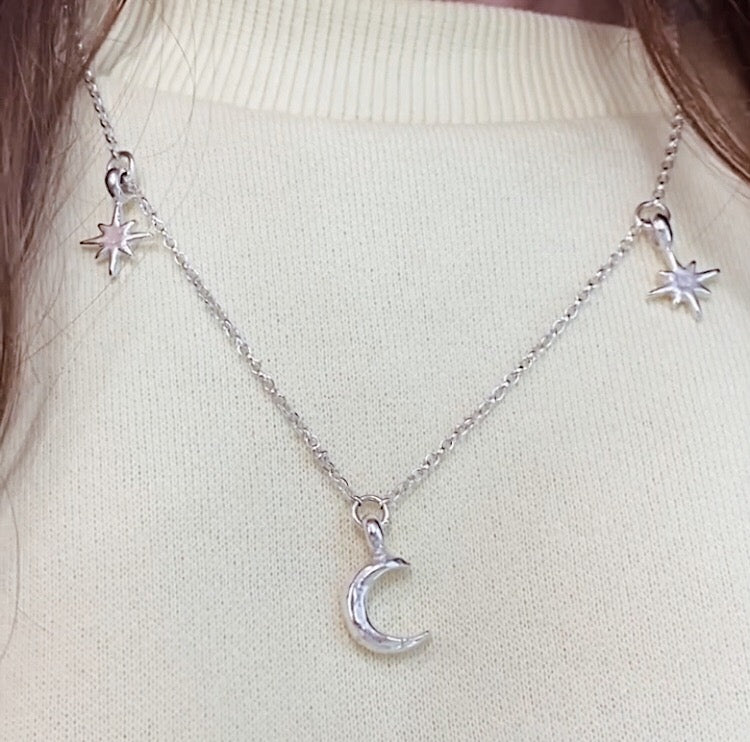 Crescent Moon with North Star Charm Necklace in Sterling Silver