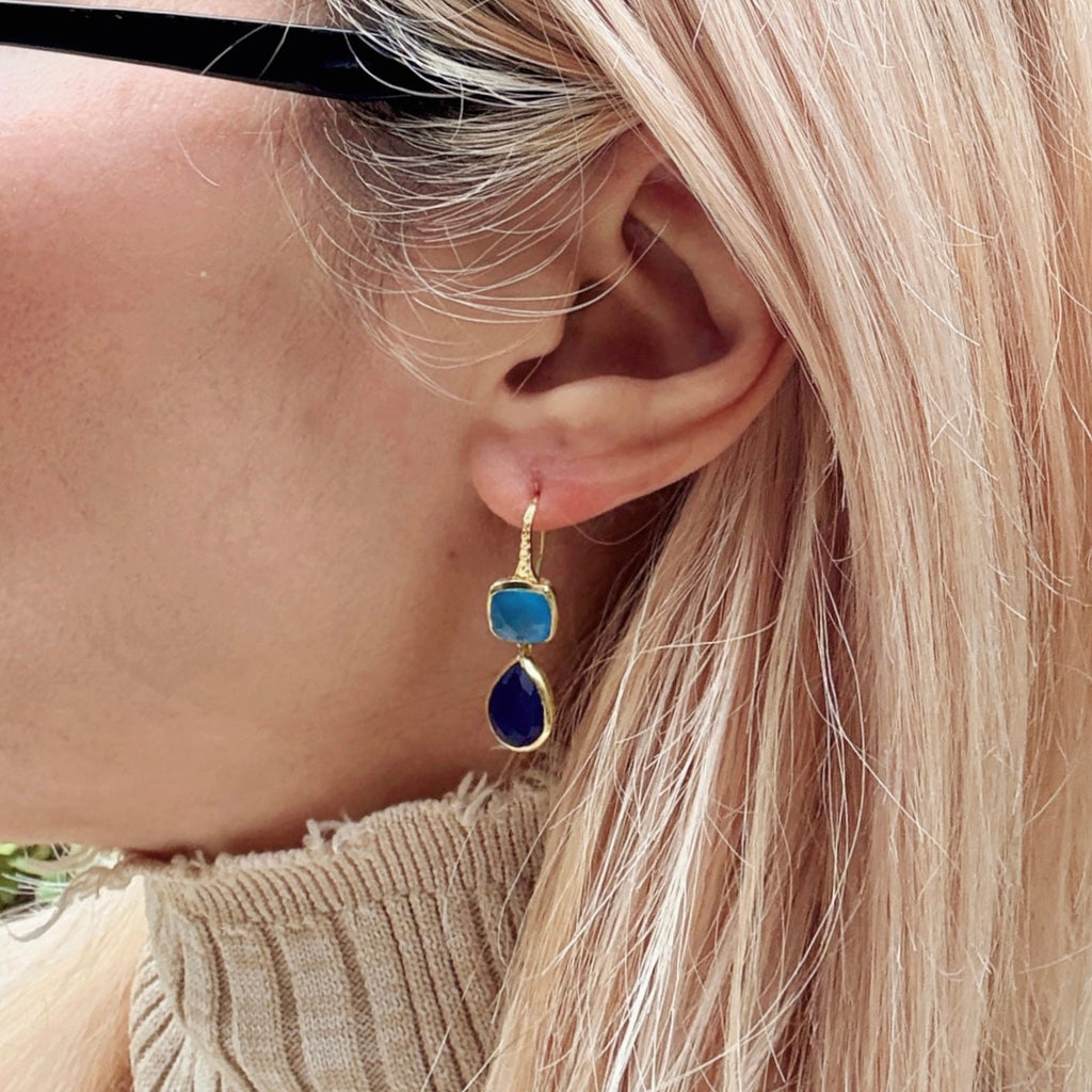 Charis Double Gemstone Earrings Blue Chalcedony & Blue Jade