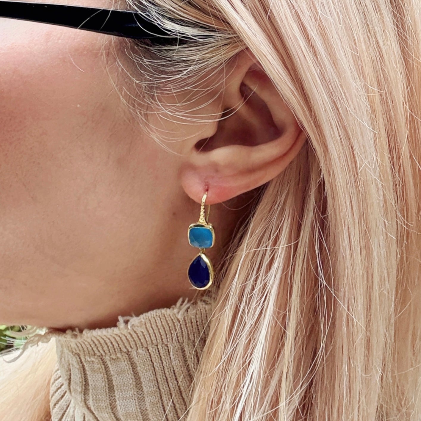 Charis Double Gemstone Earrings Blue Chalcedony & Blue Jade