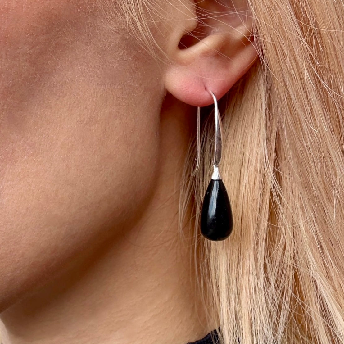Polished Black Onyx Drop Earrings in Sterling Silver