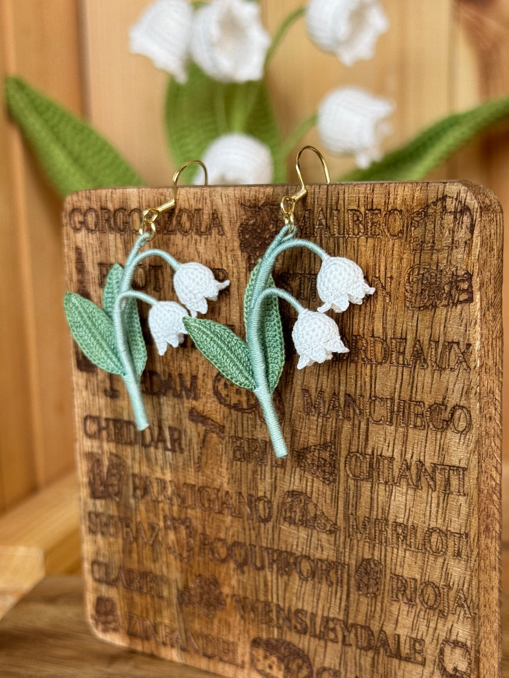 Lily of the Valley Micro Crochet Earrings with Big Leaves