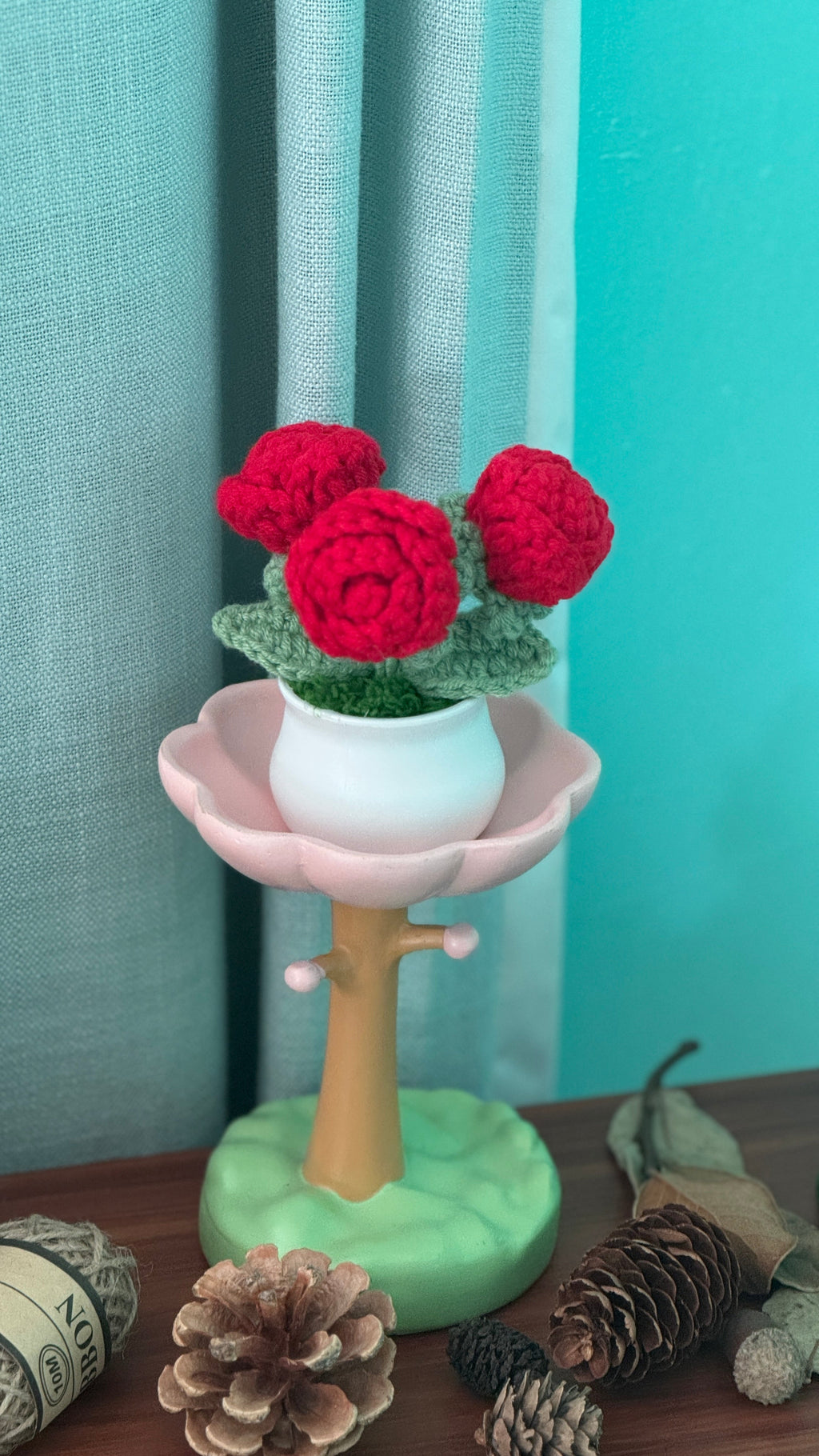 Hand Crocheted Heart Roses with Pot