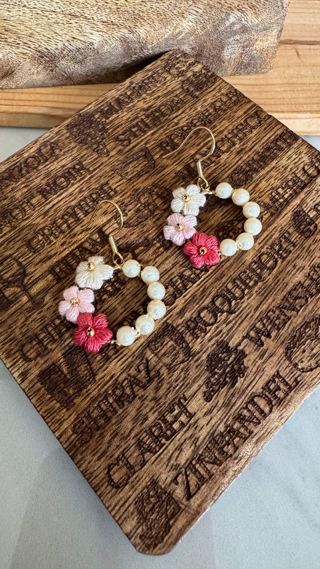 Burgundy Flower Micro Crochet Earrings with Pearl Circle