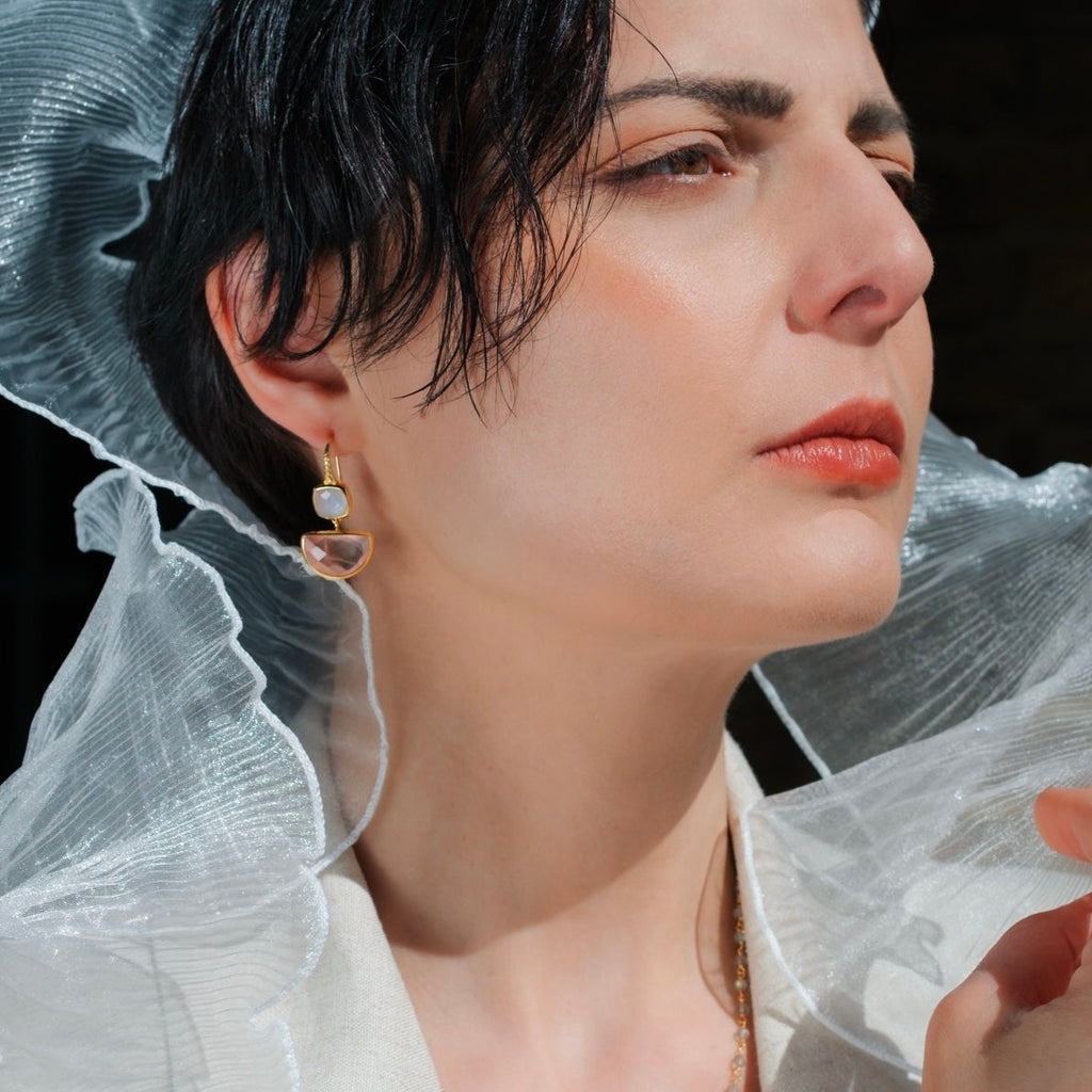 Charis Halfmoon Double Gemstone Earrings Pariba Onyx & Labradorite