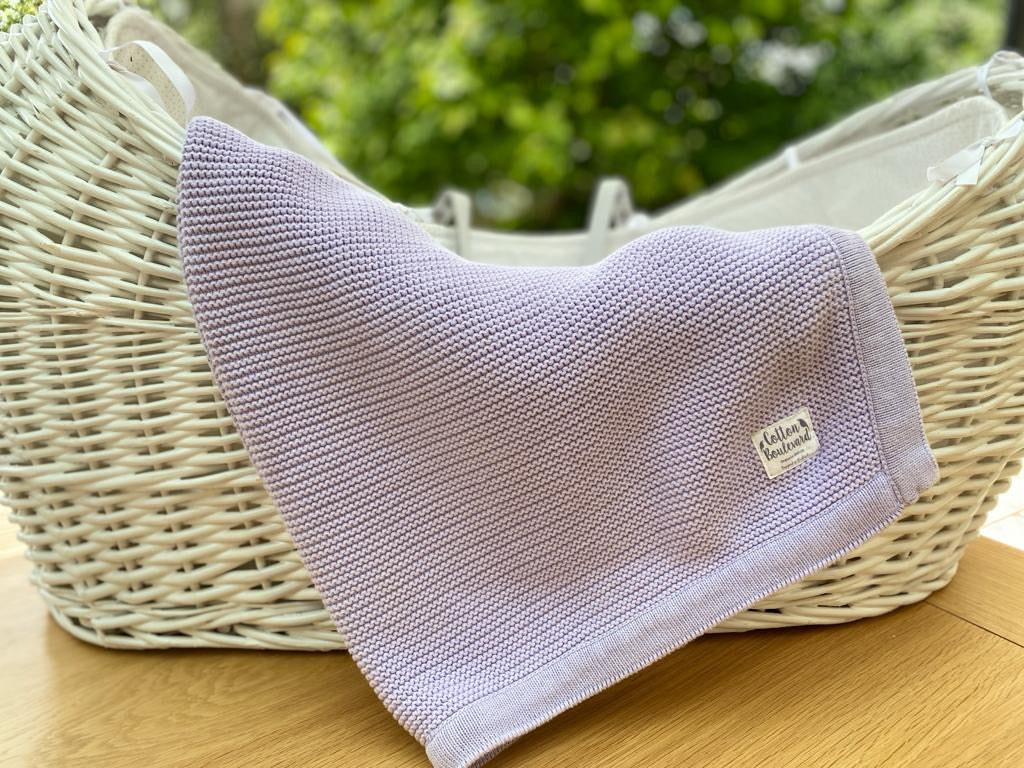 Organic Cotton Knitted Baby Blanket in Lavender 100cm x 80cm
