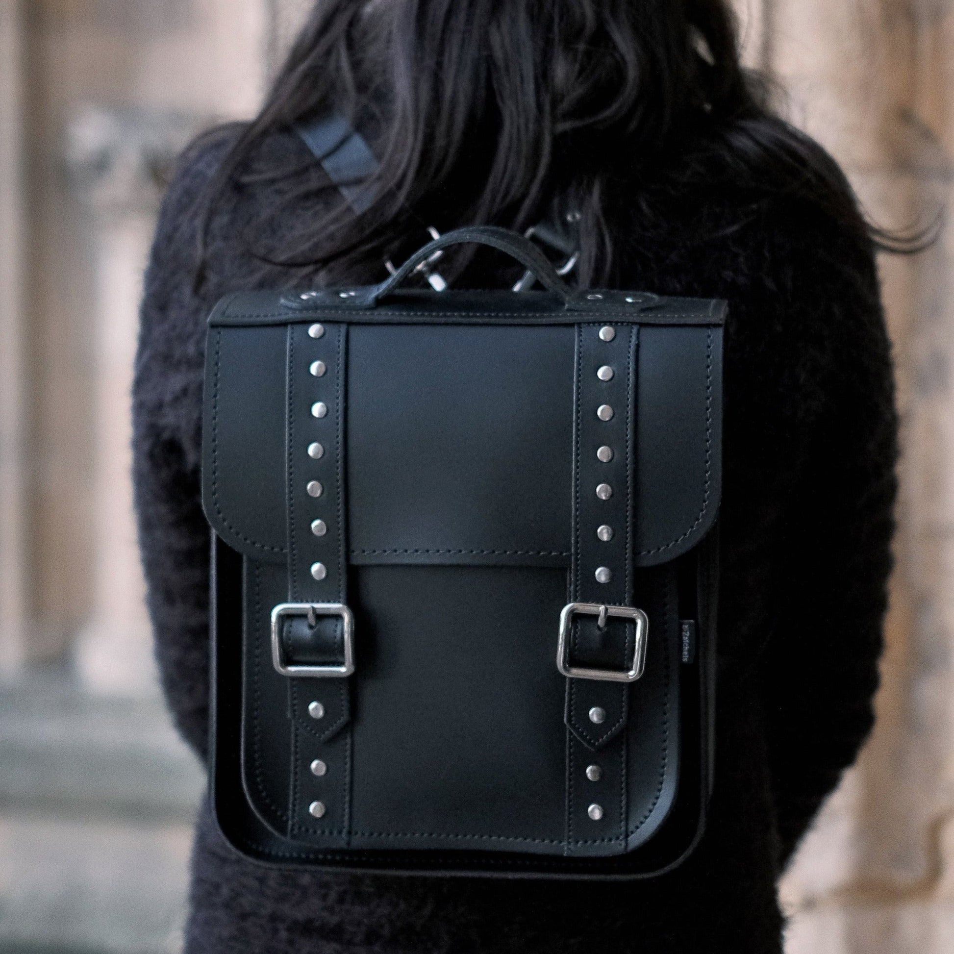 Handmade Leather City Backpack in Black Gothic Studded