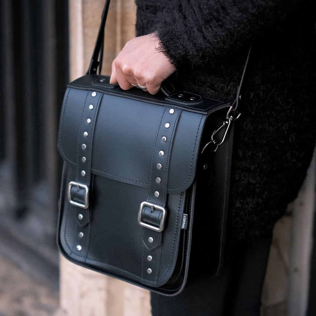 Handmade Leather City Backpack in Black Gothic Studded
